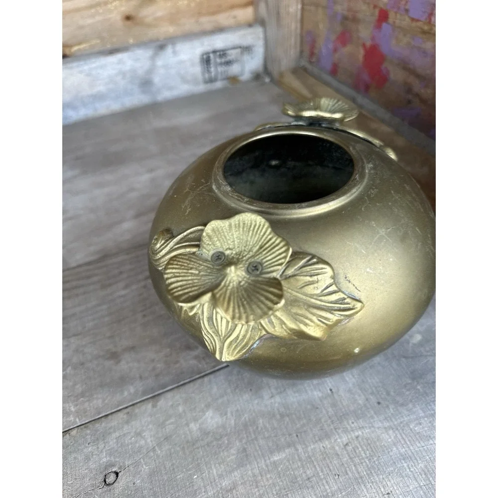 Brass Bowl Pot Vase‎ Art Deco Nouveau Style Vintage Floral Lillipad Handles